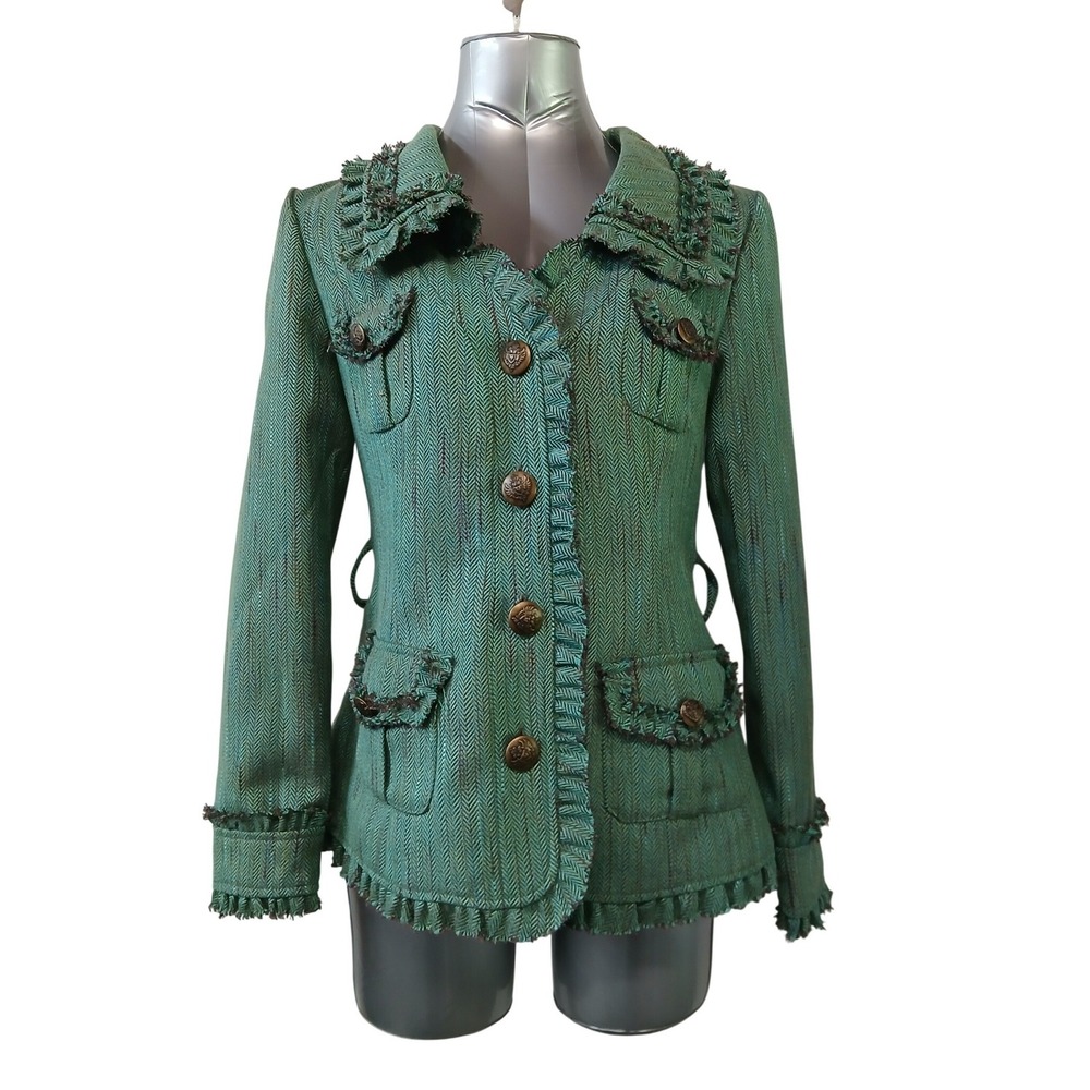 Nick & Mo Anthropologie Y2K Twee Green Herringbone Ruffle Trim Jacket Sm
